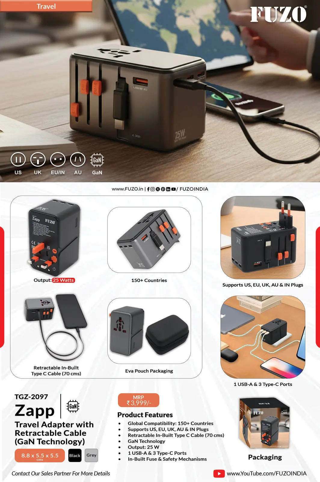 FUZO GaN Universal Travel Adapter 25W Charger